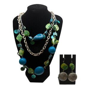 Blue & Green Statement Necklace with Matching Earrings Silver Tone Chunky Bead S